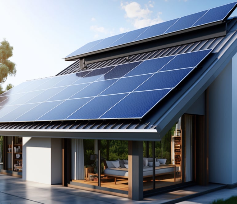 Instalacion de paneles solares, casa con panel solar Zelios